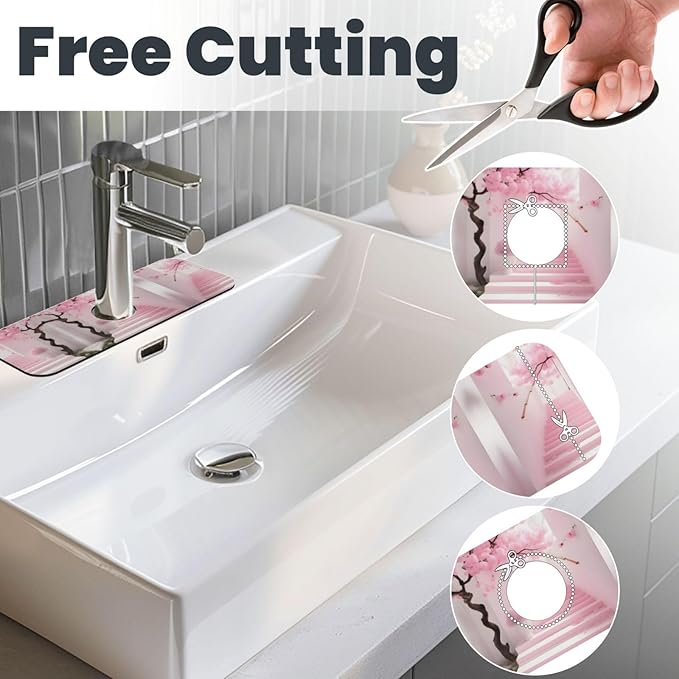 Pink Cherry Blossom Staircase Printed Faucet Absorbent mat, Suitable for bathrooms, Kitchens, and Other Sink Areas.