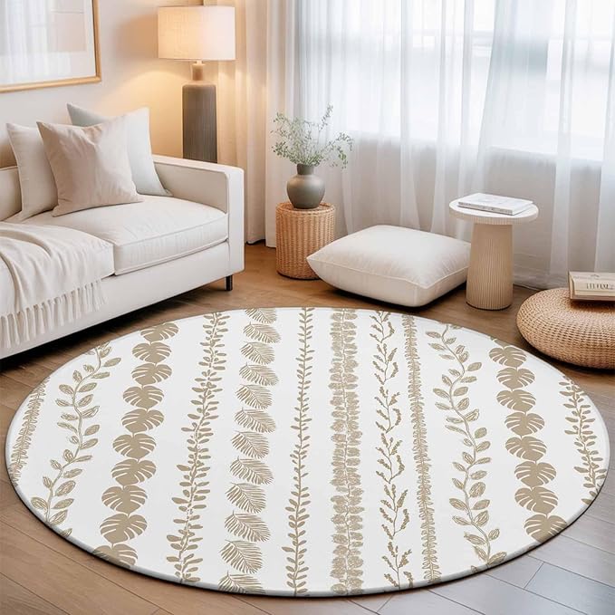 Washable Round Area Rug Farmhouse Monstera Leaf Seamless Circle Rugs Floor Carpet for Living Room Bedroom, Summer Rustic Abstract Leaves Soft Non Slip Round Rug 3ft