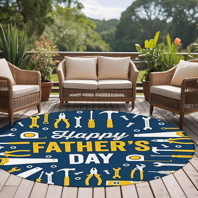 Father's Day Round Rug 6 ft Hand Tools Workshop Equipment Soft Area Rug for Living Room Washable Non-Slip Carpet Indoor Mat for Bedroom Dining Room Holiday Decor