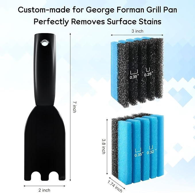 2-Pack Cleaning Sponge 12207 and 1-Pack Grill Scraper for George Foreman Grill, Kitchen Sponges and Scraper Compatible with Most Other Indoor & Outdoor Grills with Grooves and Sandwich Makers