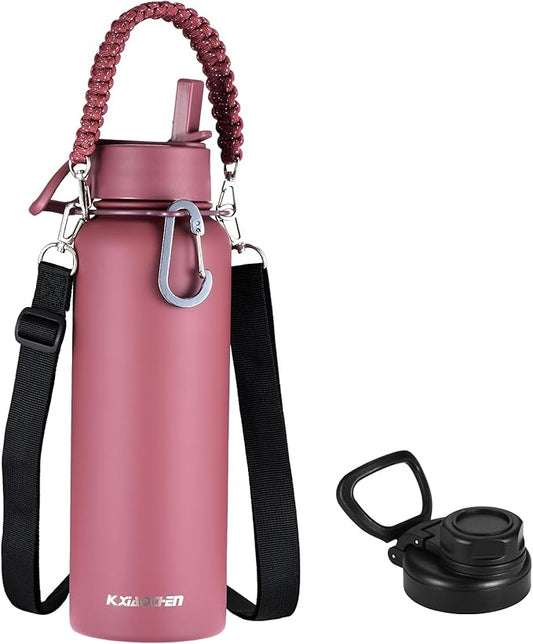 KXIAOCHEN Insulated Water Bottle, Stainless Steel Water Bottle, 2 Lids (Straw and Handle Lid),Wide Mouth Metal Water Bottles Keep Hot and Cold, Double Walled, Thermo Mug, Metal Canteen