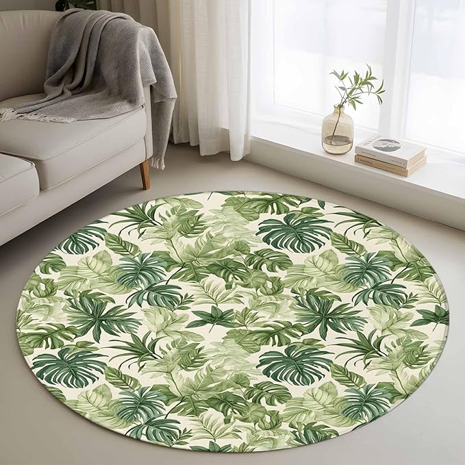Washable Round Area Rug Green Palm Leaf Watercolor Circle Rugs Floor Carpet for Living Room Bedroom, Summer Tropical Leaves Soft Non Slip Round Rug 4ft