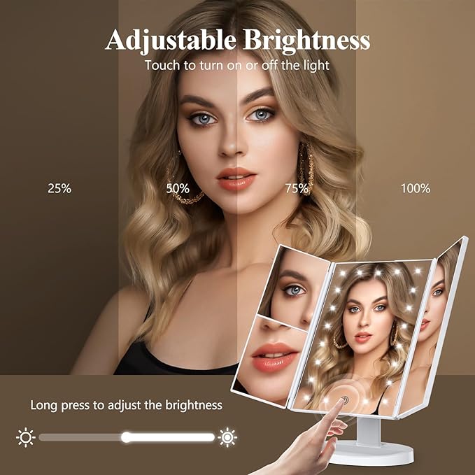 HUONUL Makeup Mirror, Gifts for Mom Mothers Day, Vanity Mirror with Lights, 2X/3X/10X Magnification, Touch Control, Trifold, Dual Power Supply, Birthday Gifts for Women, Girls, Dorm Room Essentials