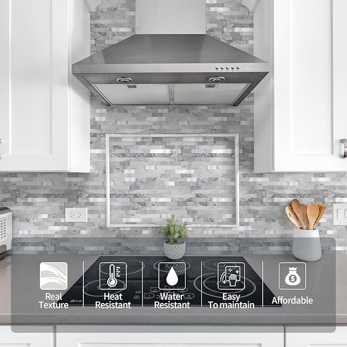 Yipscazo 1 Sheet Peel and Stick Stone Metal Tile Backsplash, Stick on Tiles for Backsplash Kitchen, Bathroom, Laundry Room, Camper, Fireplace (12'' X 12'', Gray Stone with Metal)