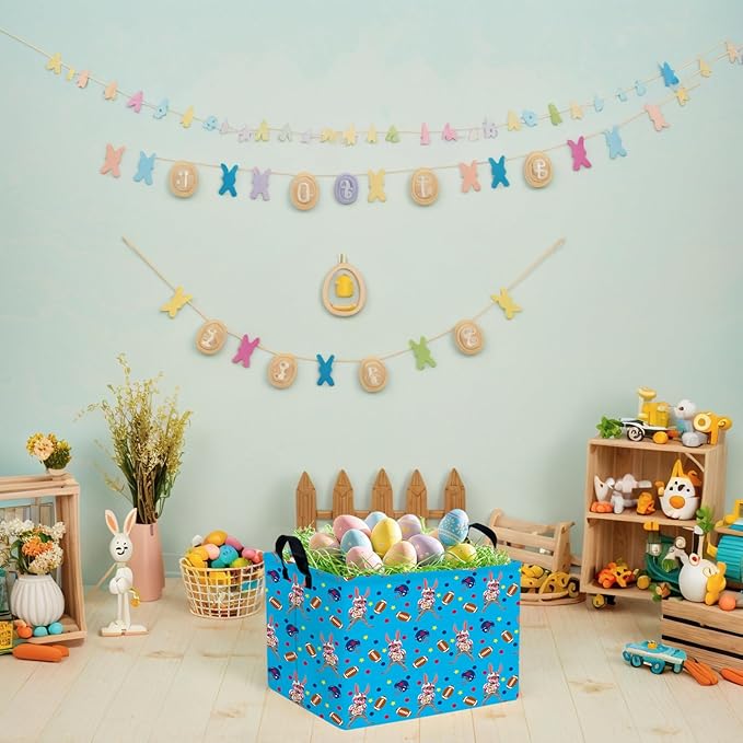 Kid Large Empty Easter Basket Gift Personalized Fabric Bunny Easter Basket for Boy and Girl Room Decor Storage Bin (Rabbit Rugby Blue)
