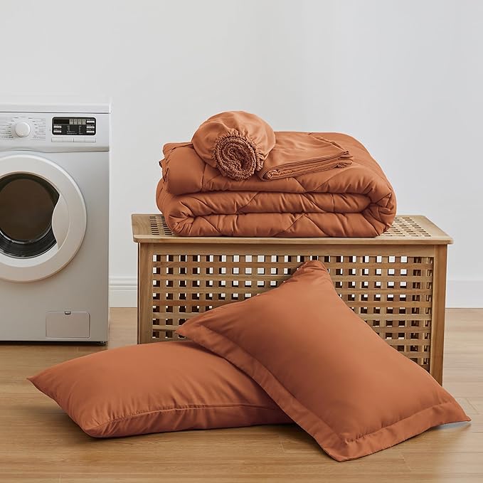 Love's cabin Twin Comforter Set Terracotta, 5 Pieces Twin Bed in a Bag, All Season Bedding Sets with 1 Comforter, 1 Flat Sheet, 1 Fitted Sheet, 1 Pillowcase and 1 Pillow Sham | Soft, Breathable, Lightweight, Comfortable