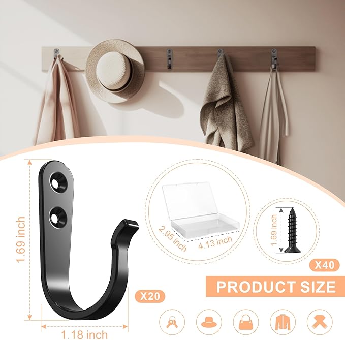 BREYDROK 20PCS Heavy Duty Metal Coat Hooks for Wall, Single Prong Hanging Hooks with 40 Screws for Towels, Backpacks, Hats & Dog Leashes