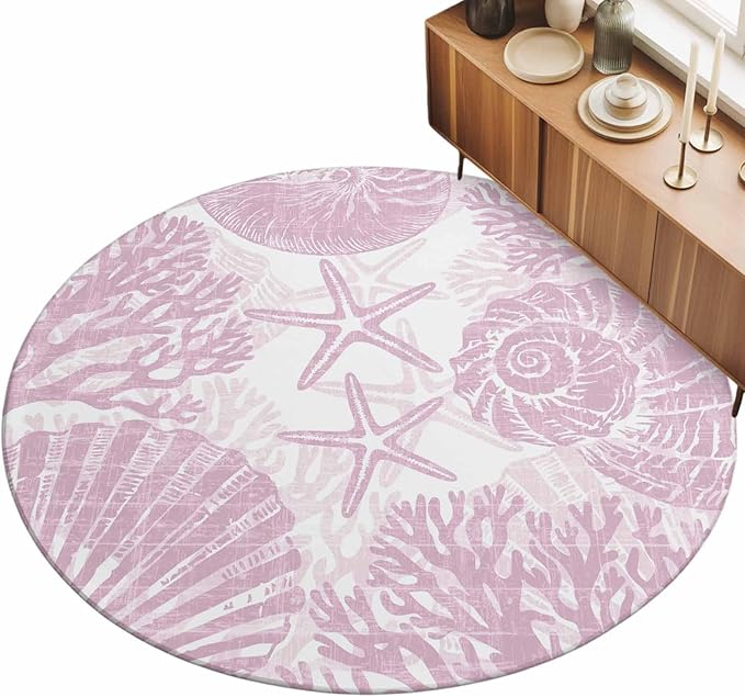 Washable Round Area Rug Watercolor Summer Marine Creature Circle Rugs Floor Carpet for Living Room Bedroom, Pink Starfish Shell Conch Soft Non Slip Round Rug 3ft