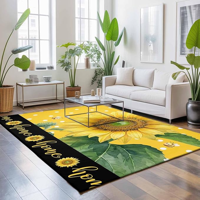 Area Rug 3x5ft, Summer Watercolor Sunflowers Bees Washable Rugs for Living Room Bedroom, Farmhouse Floral Art Soft Non-Slip Area Rugs Rectangle Floor Carpet for Dining Room