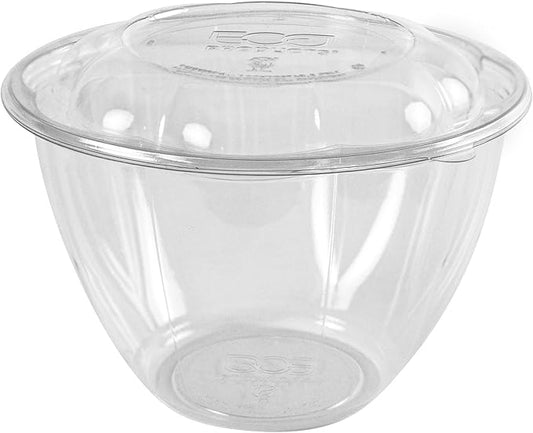 Eco-Products Compostable 48oz Clear PLA Plastic Large Salad Bowl With Lid, Case of 150, Grab 'n' Go Round Cold Takeout Food Containers, Renewable Plant-Based, Disposable, ASTM Compliant, BPI-Certified
