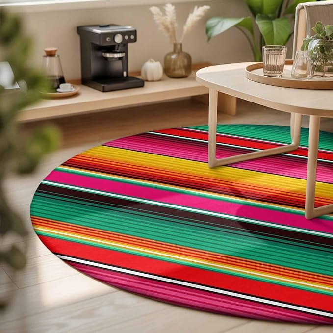 Washable Round Area Rug Vintage Mexican Stripes Abstract Circle Rugs Floor Carpet for Living Room Bedroom, Native American Stripe Soft Non Slip Round Rug 3ft