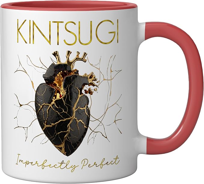 Kintsugi Pottery Golden Heart Japanese Art repair Pottery Ceramic Mug, Red/White