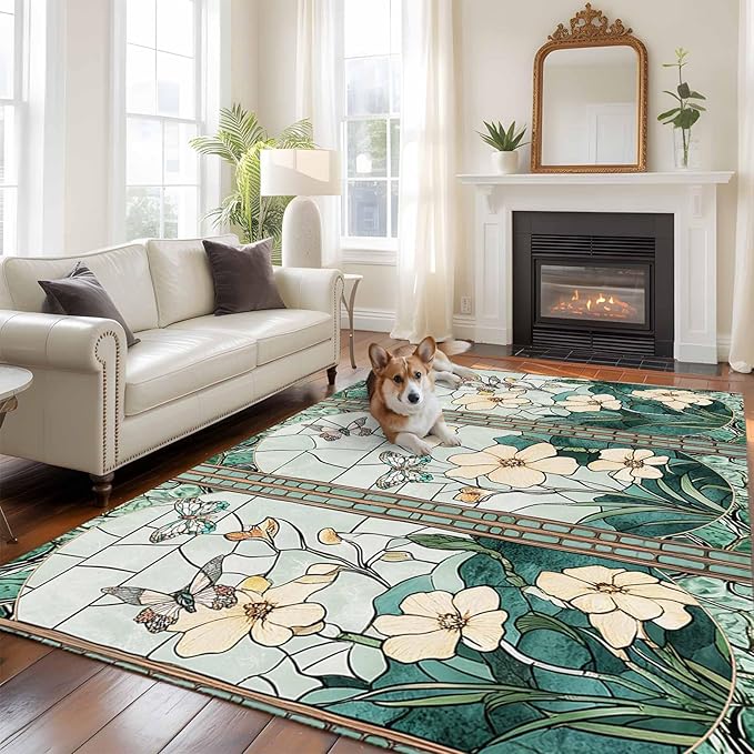 Area Rug 6x9ft, Spring Flower Colorful Butterfly Washable Rugs for Living Room Bedroom, Vintage Green Plant Soft Non-Slip Area Rugs Rectangle Floor Carpet for Dining Room