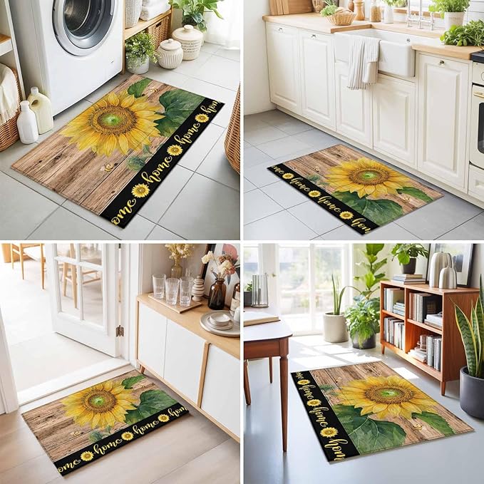 Area Rug 2x3ft, Summer Sunflowers Bees Washable Rugs for Living Room Bedroom, Farmhouse Wood Background Soft Non-Slip Area Rugs Rectangle Floor Carpet for Dining Room