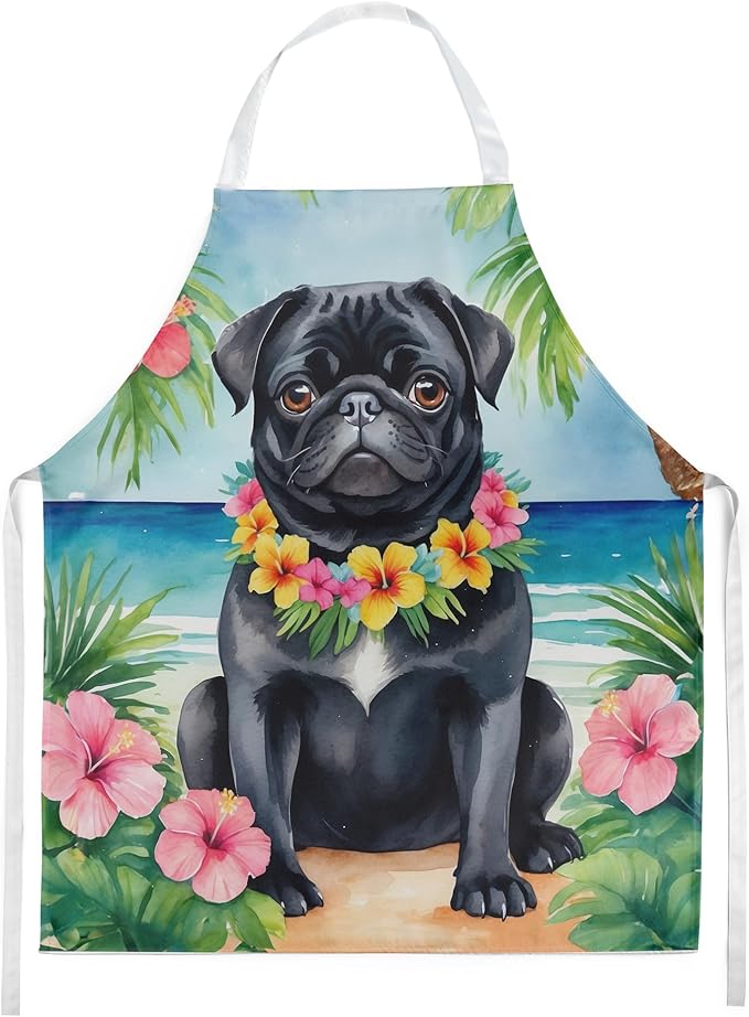 Caroline's Treasures Black Pug Luau Apron Cooking Kitchen Server Baking Crafts Gardening for Adult Women Men, Unisex, Large, Multicolor