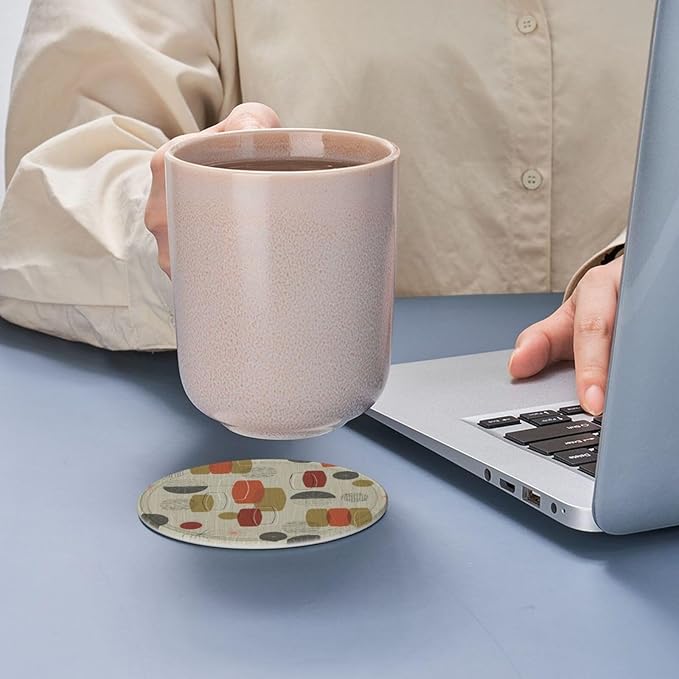 Mid Century Modern Style Leather Drinks Coasters with Holder, Set of 6, Suitable for Various Cups