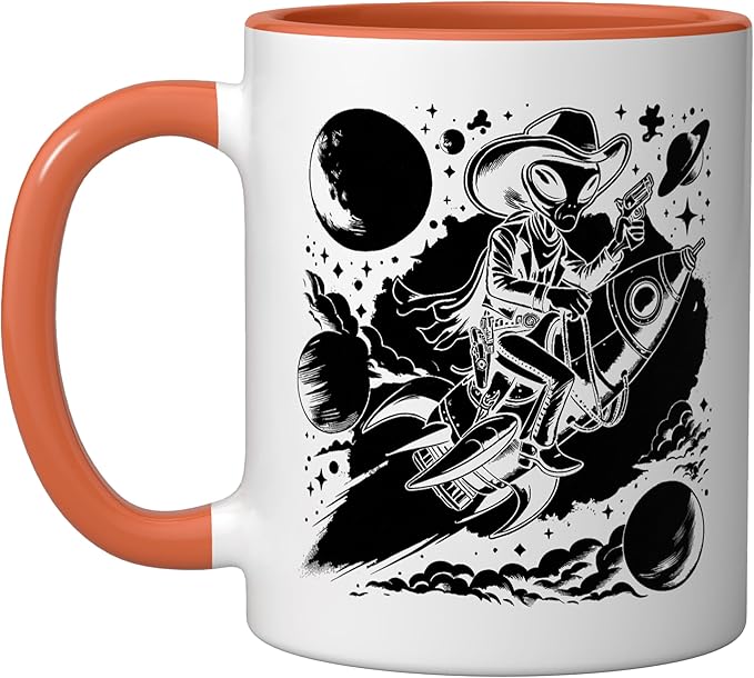 Alien Lover Flying Saucer UFO Extraterrestrial Cowboy Ceramic Mug, Orange/White