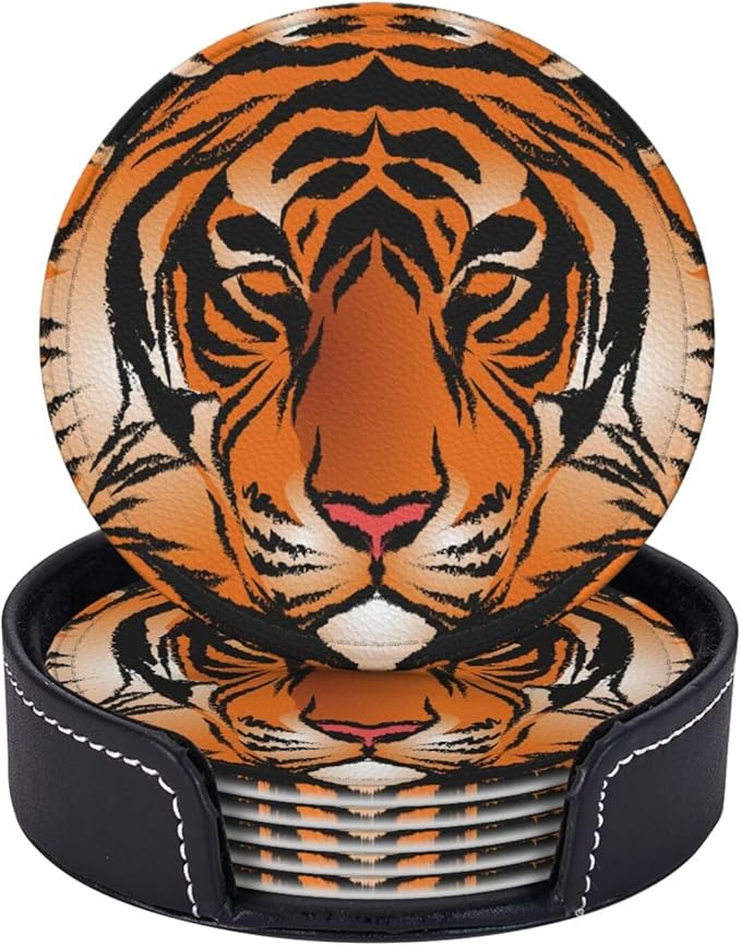 Bengal Tiger Leather Drinks Coasters with Holder, Set of 6, Suitable for Various Cups