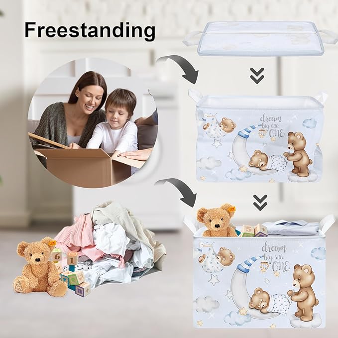 Clastyle Sleeping Bear Balloons Boy Shelf Basket Clouds Stars Moon Baby Shower Basket for Kids Room Blue Rectangle Clothes Toys Cube Storage Basket