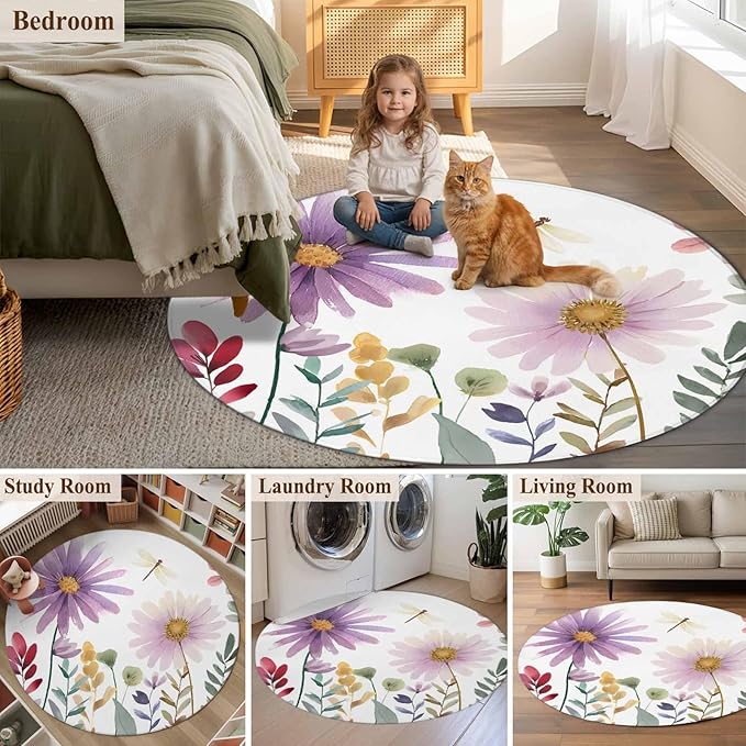 Washable Round Area Rug Country Field Purple Flowers Circle Rugs Floor Carpet for Living Room Bedroom, Farm Floral Art Soft Non Slip Round Rug 4ft
