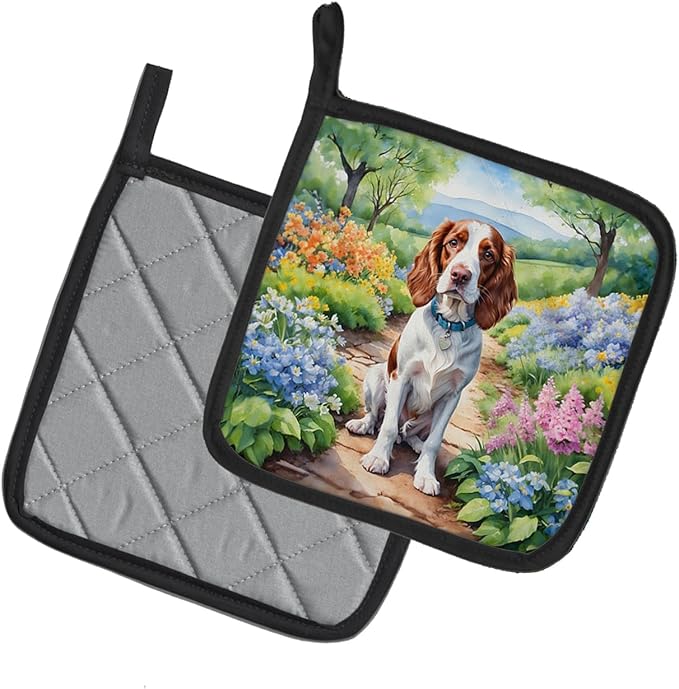 Caroline's Treasures Welsh Springer Spaniel Spring Path Pair of Pot Holders Kitchen Heat Resistant Pot Holders Sets Oven Hot Pads for Cooking Baking BBQ, 7 1/2 x 7 1/2