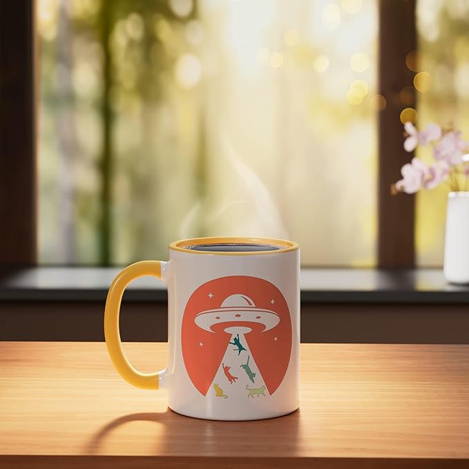 Cat UFO Funny Cat humor Kitten Owner UFO lover flying saucer Ceramic Mug, Yellow/White