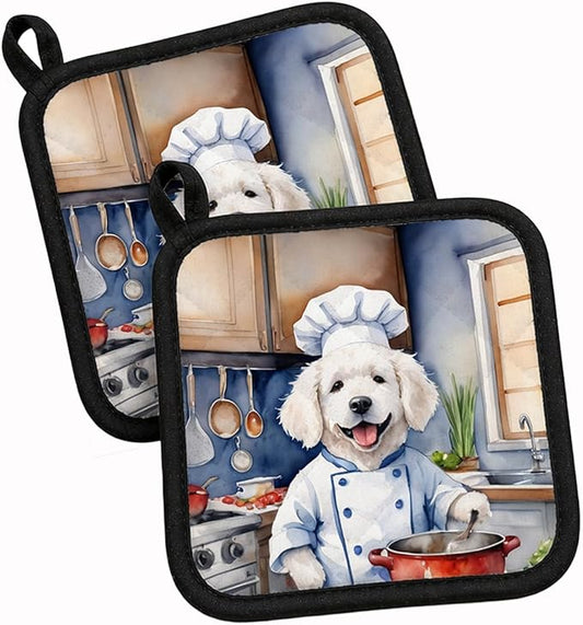 Caroline's Treasures Kuvasz The Chef Pair of Pot Holders Kitchen Heat Resistant Pot Holders Sets Oven Hot Pads for Cooking Baking BBQ, 7 1/2 x 7 1/2