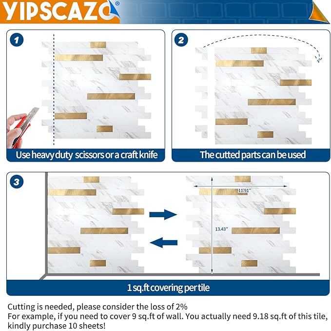 Yipscazo 10 Sheets Peel and Stick Stone Metal Tile Backsplash, Stick on Tiles for Backsplash Kitchen, Bathroom, Laundry Room, Camper, Fireplace (12'' X 12'', White Stone with Gold)