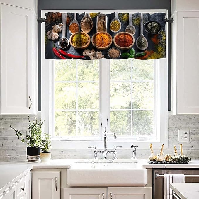 Kitchen Spices Valance, Vintage Cooking Seasoning Food Herb Bowls Spoons Farmhouse Rod Pocket Window Treatment for Cafe Resturant Bedroom Living Room, 54x18Inch