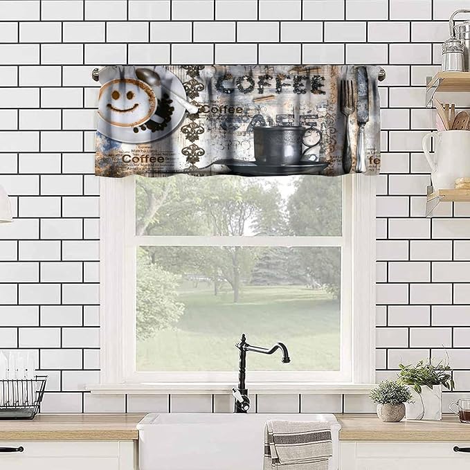 Retro Coffee Valance Curtain, Smiley Latte Art Coffee Typography Cups Wooden Farmhouse Small Window Treatment for Kitchen Cafe Bedroom Dining Living Room Home Decor, 54x18Inch
