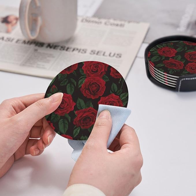 Red Roses Leather Drinks Coasters with Holder, Set of 6, Suitable for Various Cups
