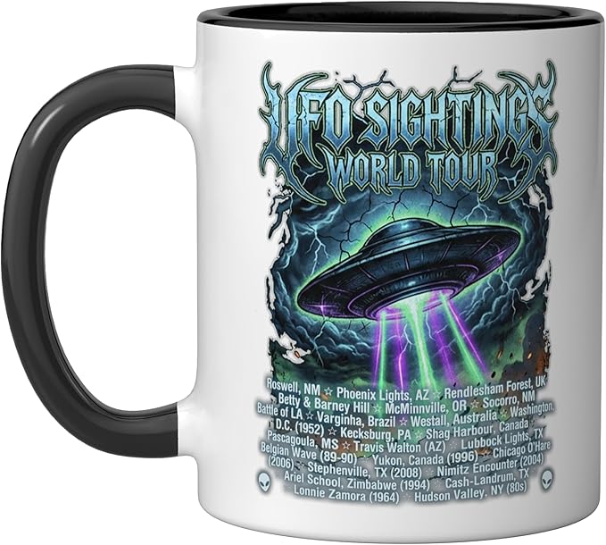 Vintage UFO Sightings World-Tour Cool-Looking Heavy-Metal Ceramic Mug, Black/White