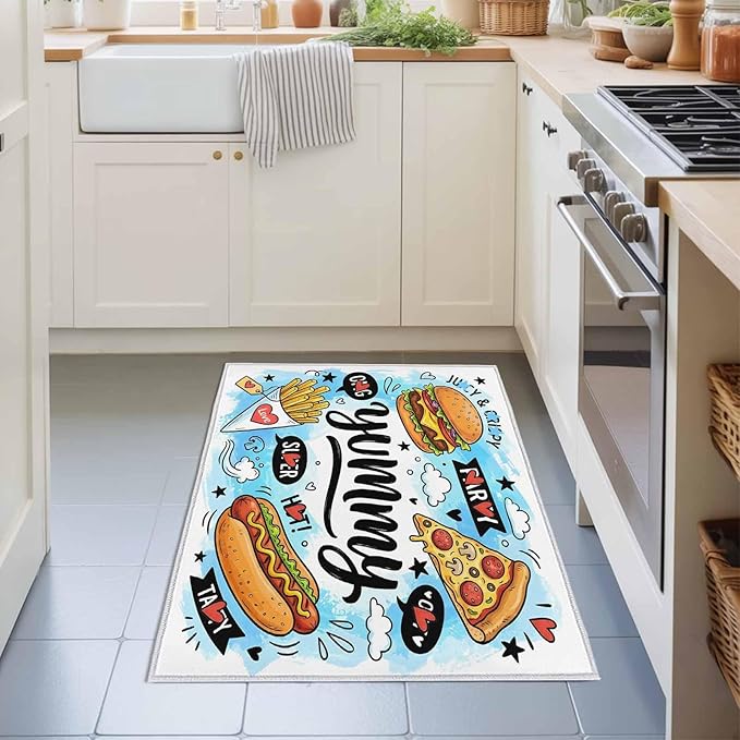 Area Rug 2x3ft, Cartoon Food Abstract Graffiti Washable Rugs for Living Room Bedroom, Blue Sky with Clouds Soft Non-Slip Area Rugs Rectangle Floor Carpet for Dining Room