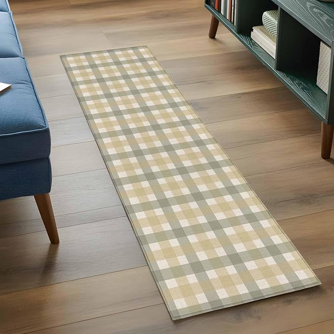 Runner Rug for Bedroom Hallway, Farmhouse Vintage Beige Tan Buffalo Plaid Kitchen Runner Rugs Area Rug 2x6ft, Rustic Linen Washable Soft Floor Carpet for Entryway Stair