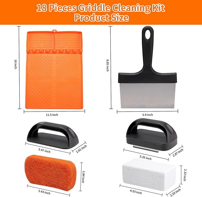 18 PCS Griddle Cleaning Kit for Blackstone, Heat-Resistant Silicone Spatula Mat with Hanger, Flat Top Grill Cleaning Kit with Cleaner Stone Brick, Griddle Scraper & Scouring Pads