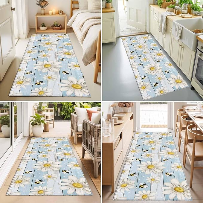 Runner Rug for Bedroom Hallway, Watercolor White Daisy Floral Bee Kitchen Runner Rugs Area Rug 2x6ft, Rustic Light Blue Wood Plank Washable Soft Floor Carpet for Entryway Stair
