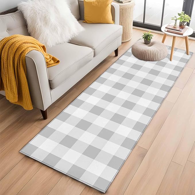 Runner Rug for Bedroom Hallway, Light Grey White Plaid Kitchen Runner Rugs Area Rug 2x6ft, Farmhouse Decoration Buffalo Check Washable Soft Floor Carpet for Entryway Stair