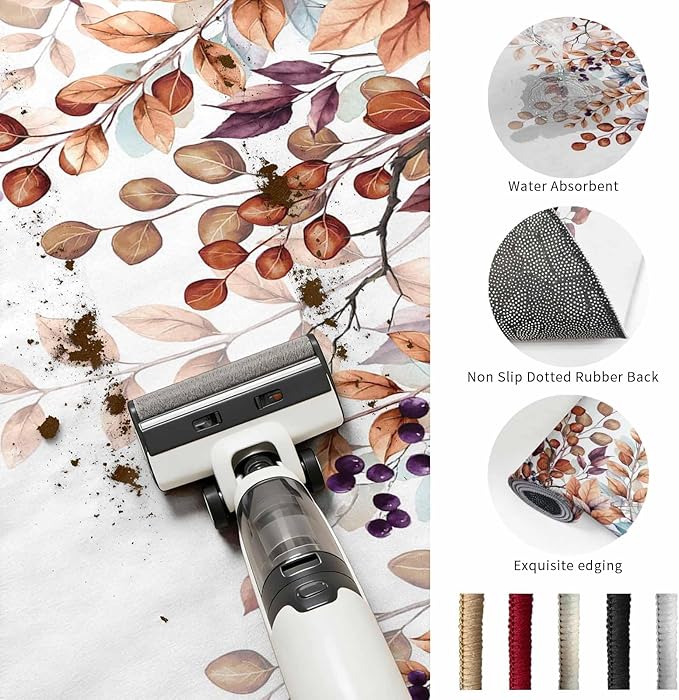 Washable Round Area Rug Fall Orange Watercolor Eucalyptus Leaves Circle Rugs Floor Carpet for Living Room Bedroom, Fallen Leaf on White Soft Non Slip Round Rug 3ft
