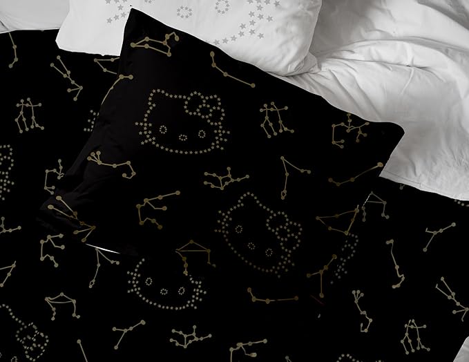 Jay Franco Hello Kitty Stars Queen Comforter Set - 7 Piece Bedding Includes Sheet Set & Pillow Covers - Super Soft Zodiac Black & Gold Bedding