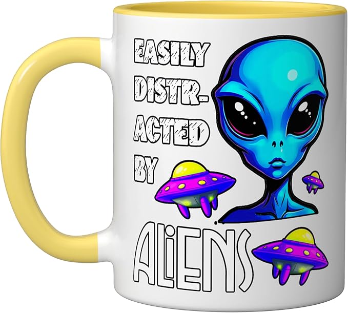 Easily Distracted By Aliens Funny Sci Fi Apparel Design Ceramic Mug, Yellow/White