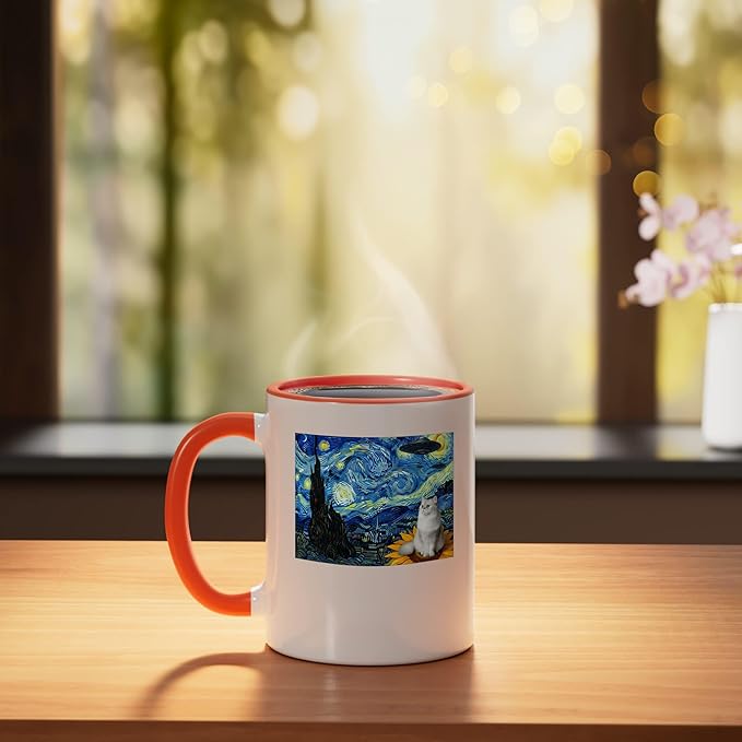 Cosmic Cat on Sunflower Space UFO Night for Men Women Ceramic Mug, Orange/White