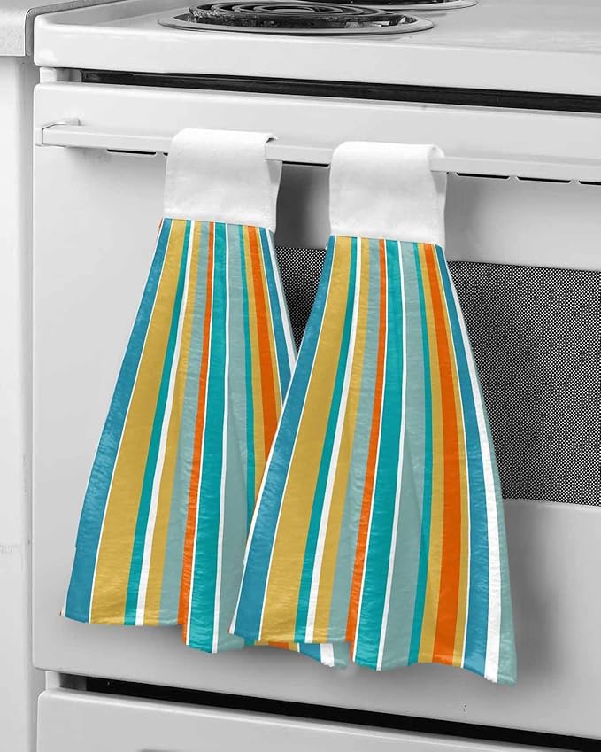 Alandar Home Kitchen Tie Towel Set of 1, Blue Yellow Green Stripes Absorbent Soft Hand Towels for Bathroom Hanging Towels, Colorful Vertical Stripes Fast Drying Cleaning Cloth with Loop