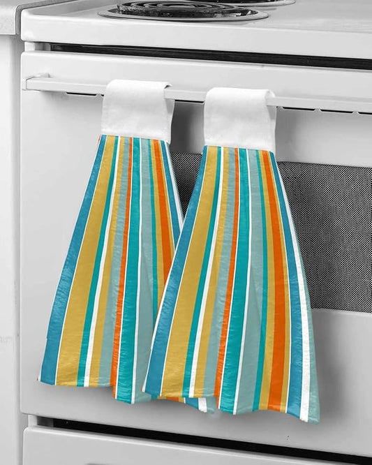 Alandar Home Kitchen Tie Towel Set of 2, Blue Yellow Green Stripes Absorbent Soft Hand Towels for Bathroom Hanging Towels, Colorful Vertical Stripes Fast Drying Cleaning Cloth with Loop