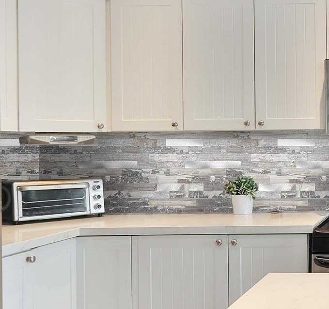Yipscazo 2026 New Upgrade Peel and Stick Wood Metal Tile Backsplash, Stick on Tiles for Backsplash Kitchen, Bathroom (10 Sheets, Light Rustic)