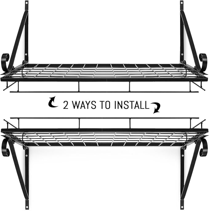 Sorbus Hanging Pot Rack - Wall Mounted Pot Rack storage shelf hanging rack — Pots and Pans Rack shelf Organizer holder pot hanger - 10 S Hooks - kitchen cookware, utensils, pans, 2 DIY Methods (Black)