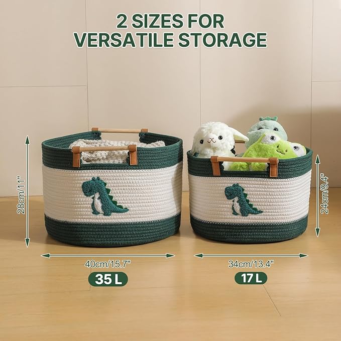 Large Blanket Basket 35L Cotton Rope Basket with Wooden Handles Woven Baskets for Kids Stuffed Animal Toys Storage for Nursery, Laundry Hamper Clothes Baby Hamper Boys Gift Basket Empty, (Dinosaur ）