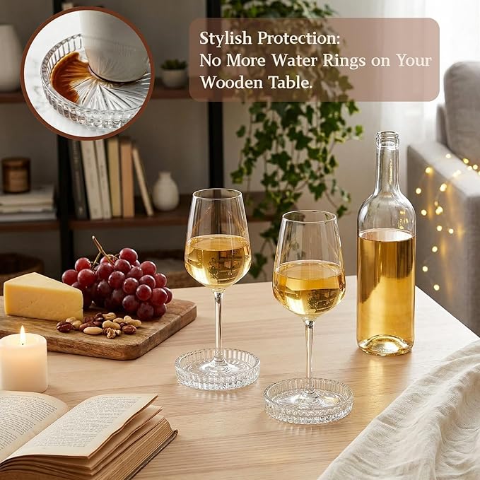AVLA 8 Pack Crystal Drink Coasters, Glass Round Cup Mat, Clear Decorative Wine Bottle Coasters Barware Set for Table Protection of Home Kitchen, Dining Room, Patio, Coffee Shop, 3.75", Carved Design