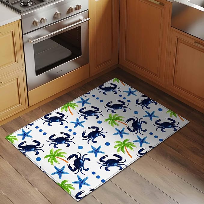 Area Rug 2x3ft, Abstract Blue Crab Starfish Washable Rugs for Living Room Bedroom, Watercolor Palm Tree Soft Non-Slip Area Rugs Rectangle Floor Carpet for Dining Room
