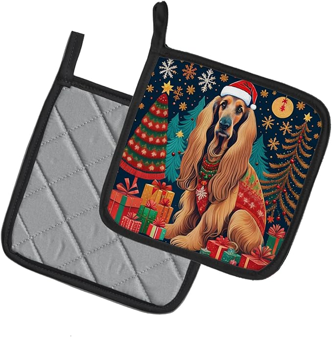 Caroline's Treasures Afghan Hound Christmas Pair of Pot Holders Kitchen Heat Resistant Pot Holders Sets Oven Hot Pads for Cooking Baking BBQ, 7 1/2 x 7 1/2