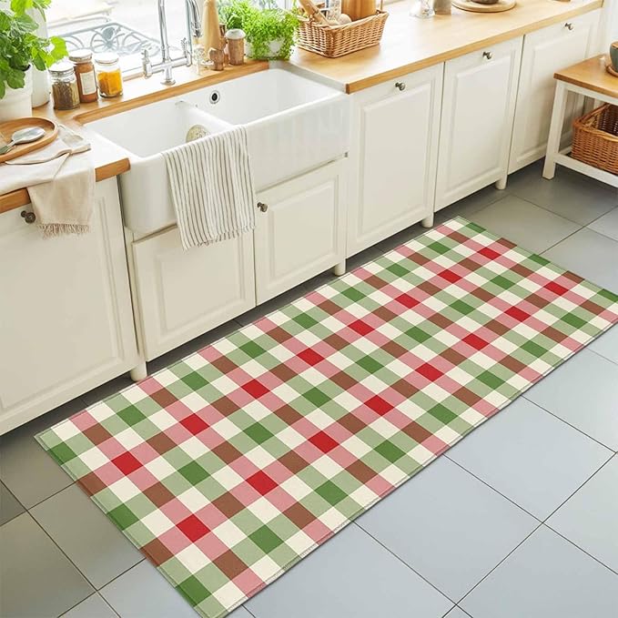 Runner Rug for Bedroom Hallway, Vintage Pastoral Red Green Buffalo Gingham Kitchen Runner Rugs Area Rug 2x6ft, Christmas Plaid Washable Soft Floor Carpet for Entryway Stair